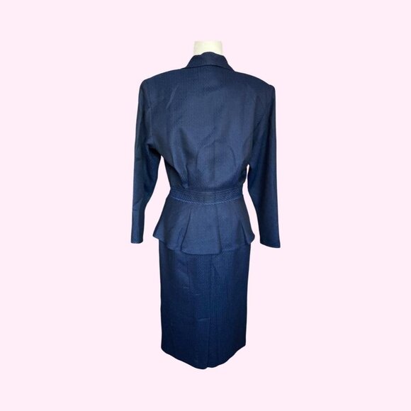 80s Blue Virgin Wool Blend Peplum Blazer Dress - Picture 3 of 3